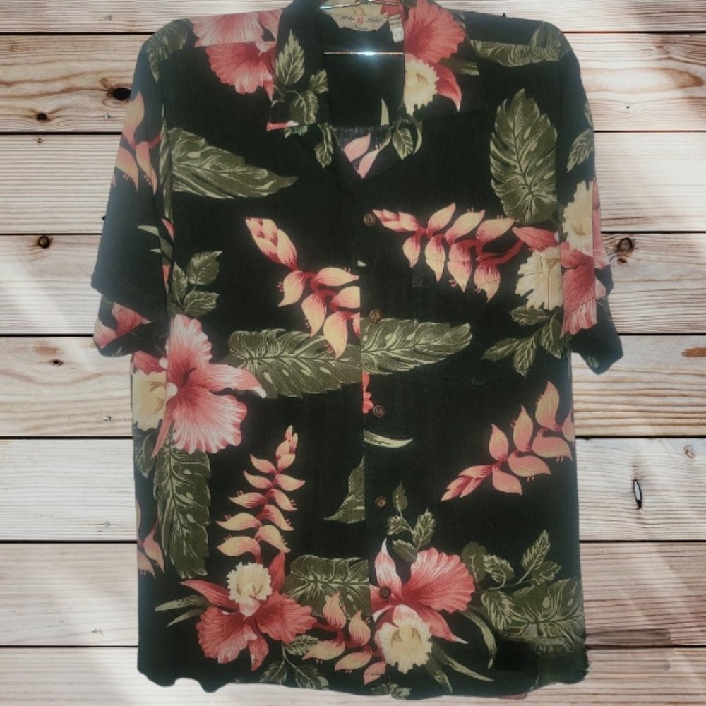 HULA HULA Hawaii - SMALL - Black Floral Print - Men's Short Sleeve Button Up